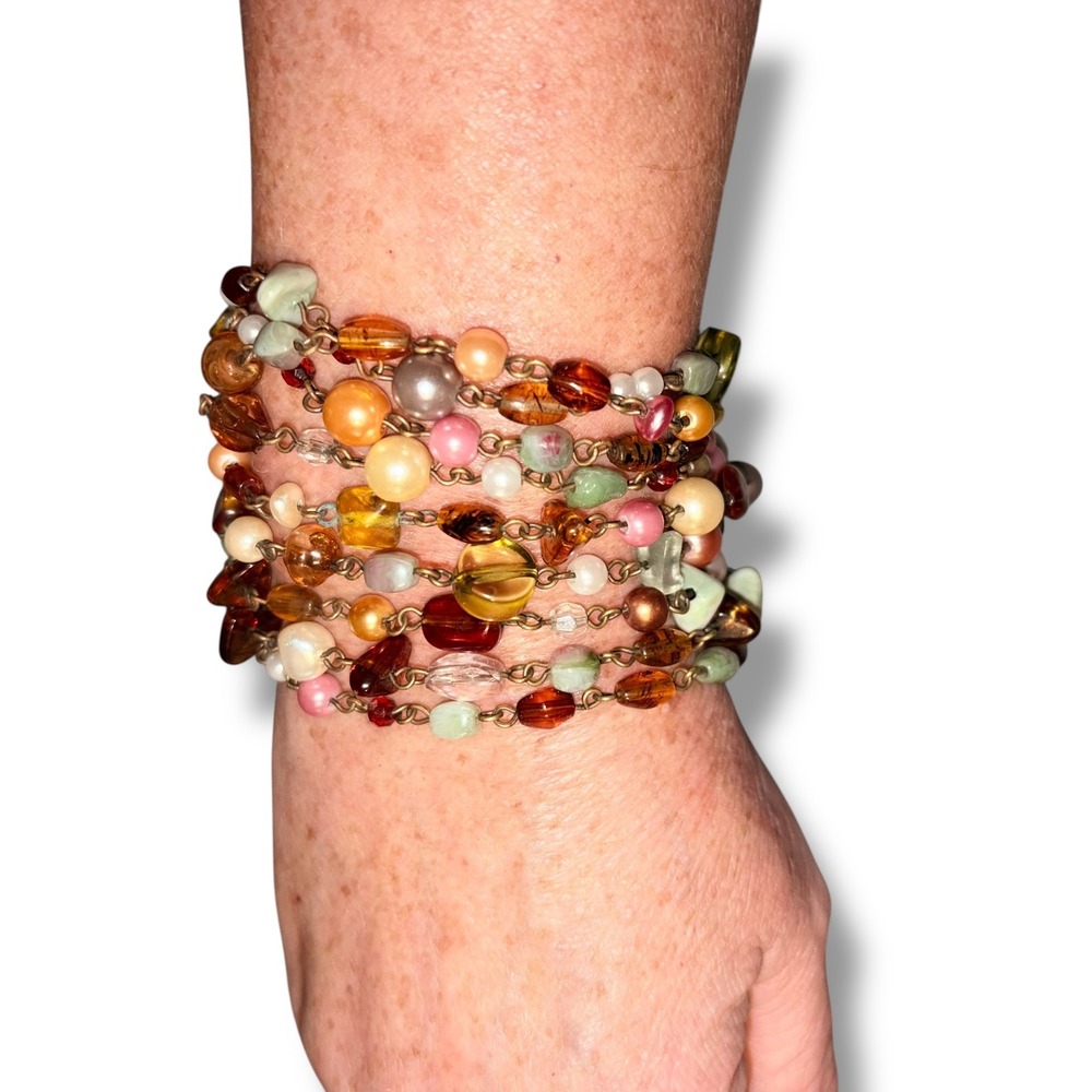 Multi Strand Beaded Stretch Bracelet Earth Tones Gold Tone - Picture 2 of 3